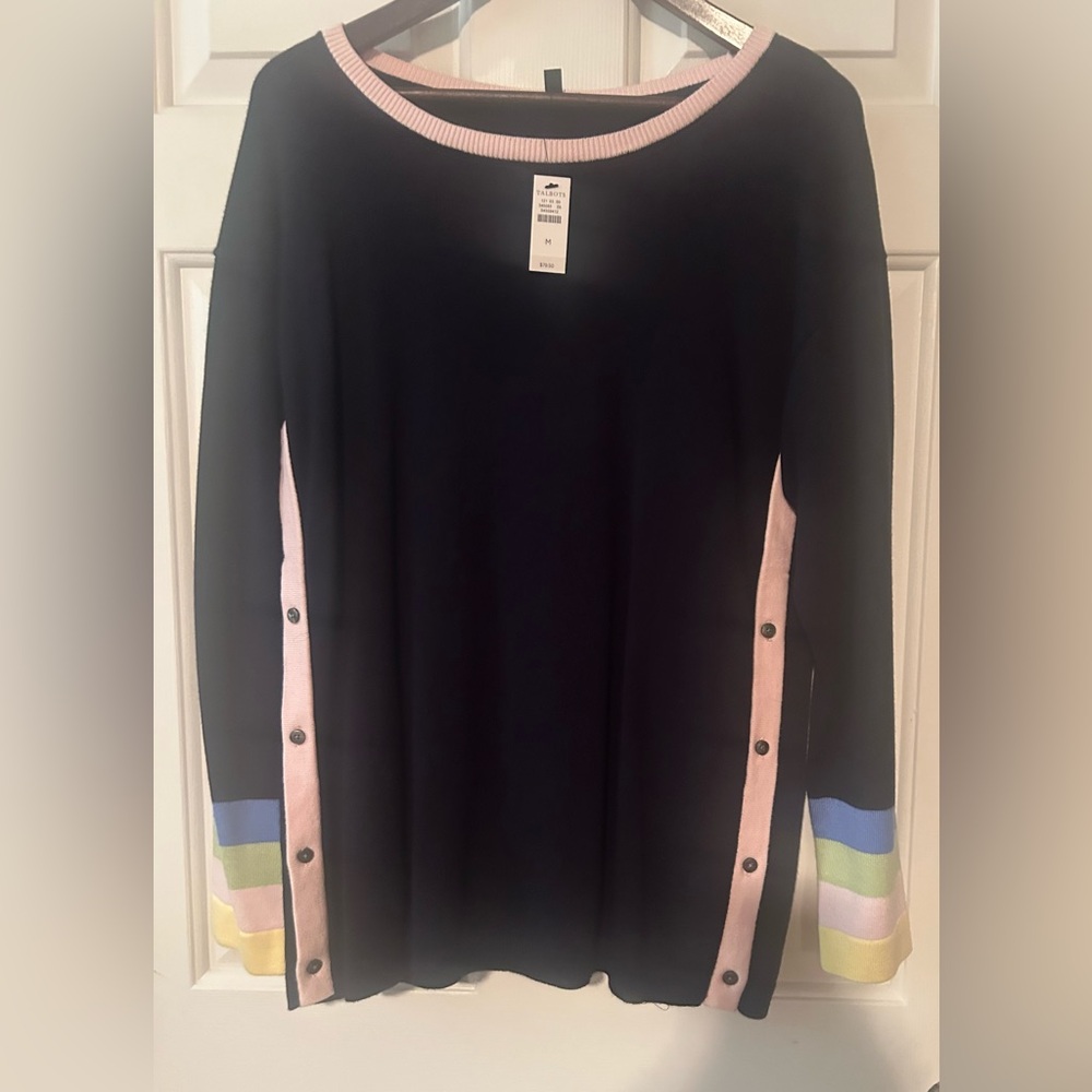 Talbots Navy blue sweater with Colorful Sleeves